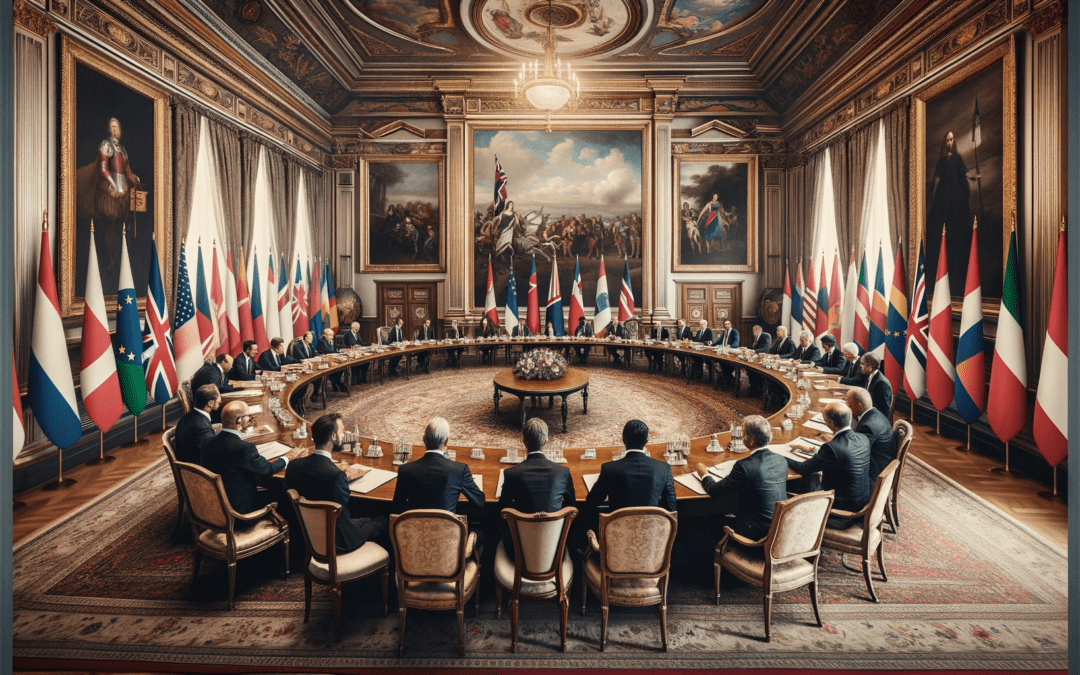 Una reunión diplomática en una habitación grandiosa y ornamentada.
