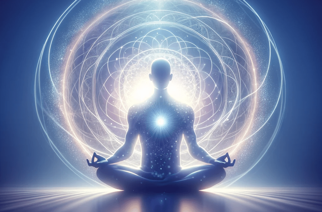 Una persona en una pose meditativa, rodeada de un suave aura de luz, simbolizando la paz interior y la curación espiritual en una sesión de terapia holística.Un Terapeuta Holístico es un verdadero Sanador Espiritual