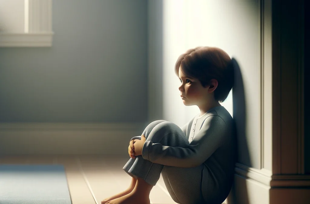 Niño de 8 años sentado solo en el rincón de una habitación iluminada suavemente, mostrando una expresión contemplativa en un ambiente sereno."
