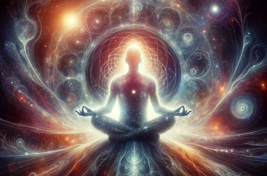 Persona en meditación profunda, envuelta en luz y elementos cósmicos, reflejando una profunda conexión espiritual con el universo.