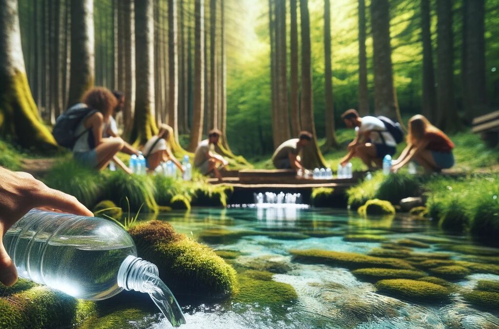 Personas llenando botellas reutilizables en una fuente natural de agua en el bosque, simbolizando prácticas sostenibles y el respeto por los recursos naturales.