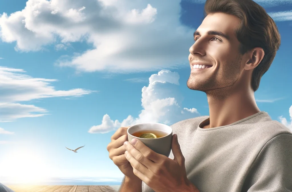 Persona sonriente tomando una infusión relajadamente con cielo azul de fondo.