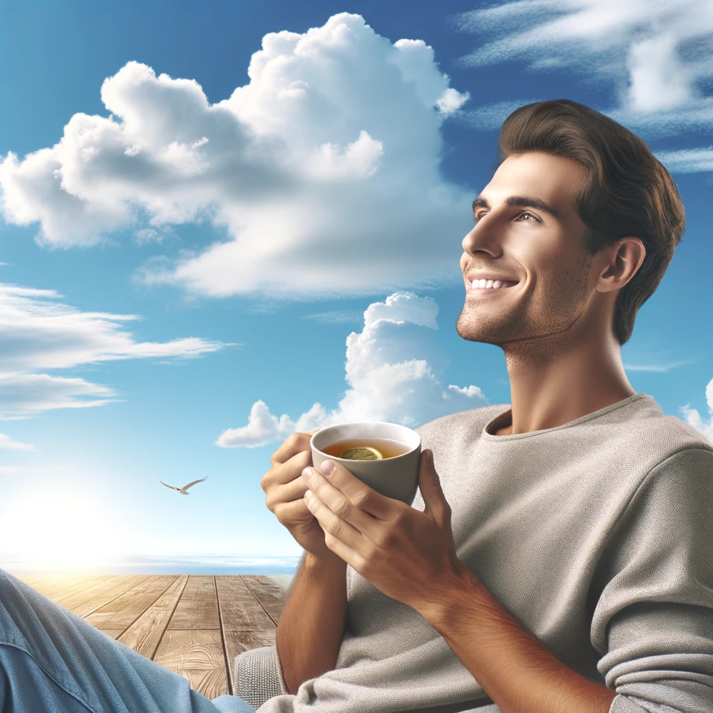Persona sonriente tomando una infusión relajadamente con cielo azul de fondo.