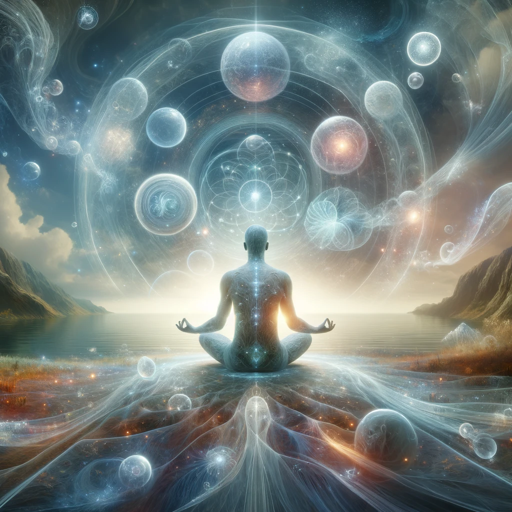 Persona meditando con luz etérea y símbolos de energía flotando, representando la liberación de energía psíquica.
