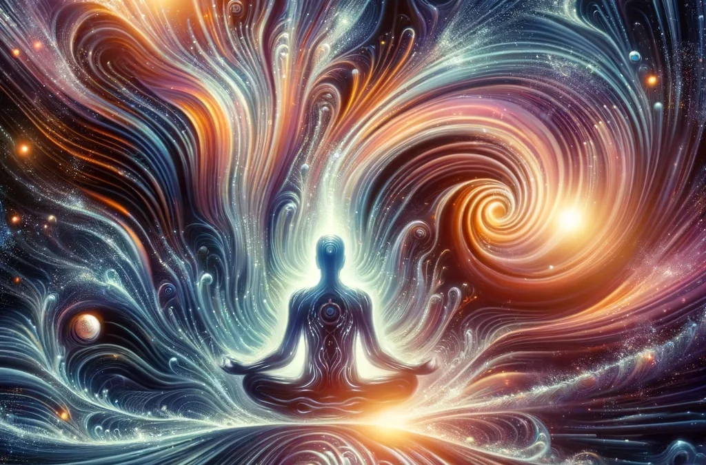 Ilustración abstracta de energía psíquica en movimiento alrededor de un meditador, con ondas y orbes luminosos.
