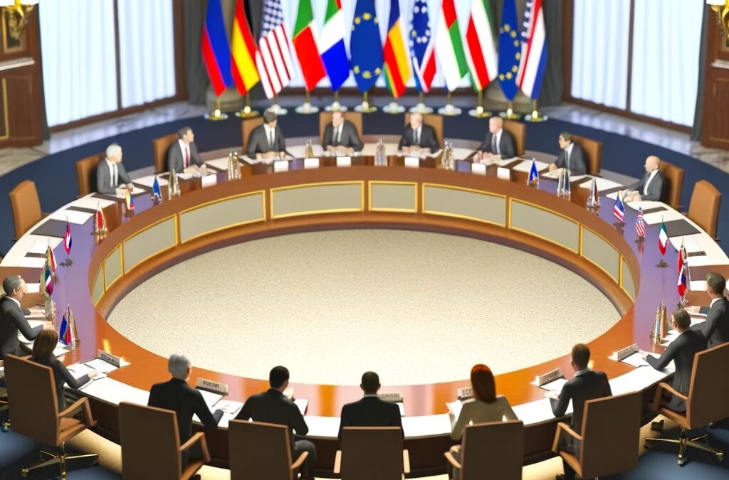 Reunión formal entre políticos europeos y estadounidenses, rodeados de banderas, simbolizando la diplomacia y cooperación internacional.
