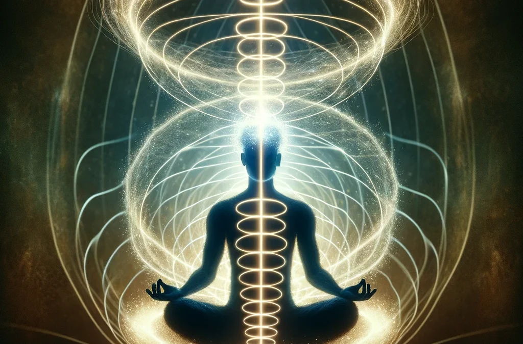 "Imagen artística de una persona en meditación con su aura visualizada como un solenoide, simbolizando el flujo de energía a través del cuerpo."