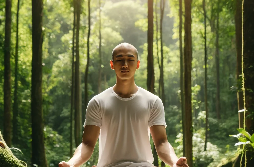 Persona meditando en Vipassana en un bosque tranquilo, rodeada de árboles verdes y luz solar filtrada.