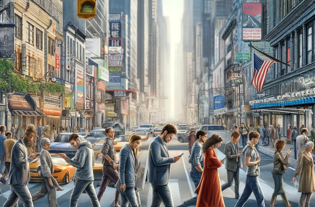 "Gente en la calle tropezándose por distracción con sus teléfonos móviles."
