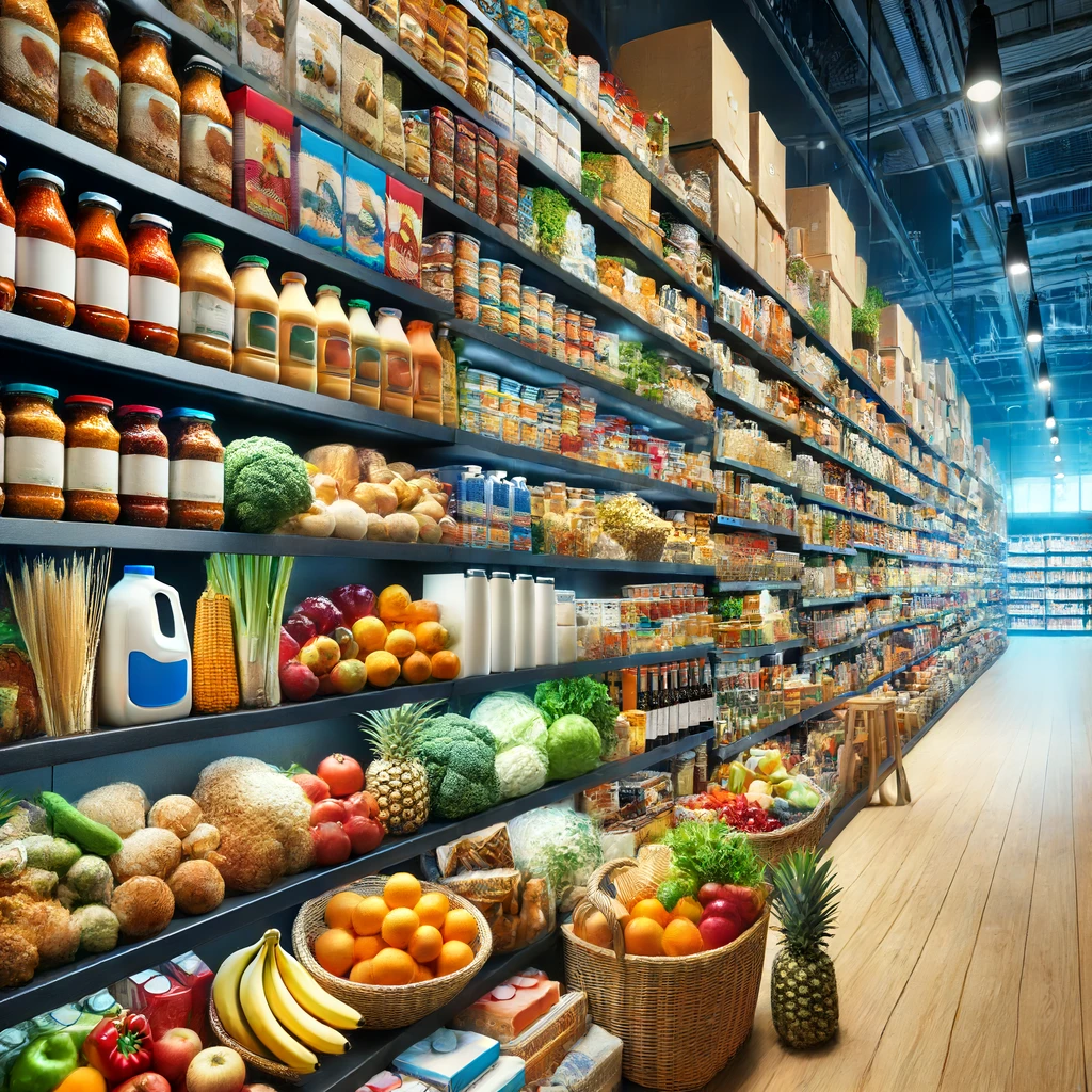 Estanterías llenas de alimentos en un supermercado moderno
