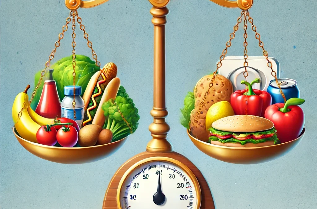 Una báscula con alimentos en un lado y pesos en el otro, simbolizando el equilibrio entre la ingesta de alimentos y la gestión del peso.